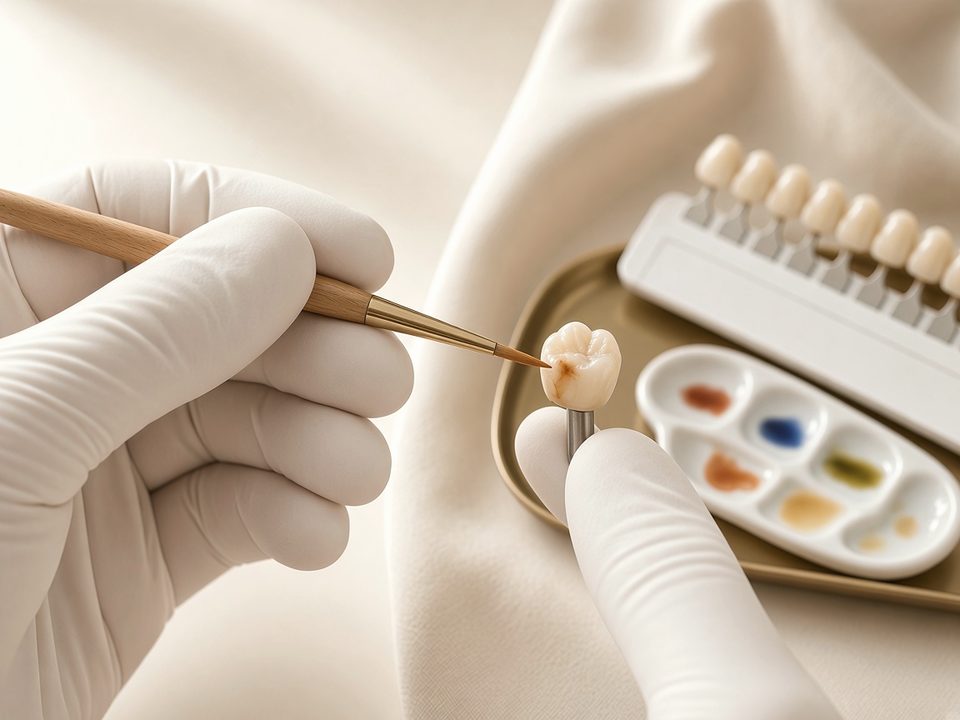 Gloved hands applying stain to a ceramic crown with a fine brush
