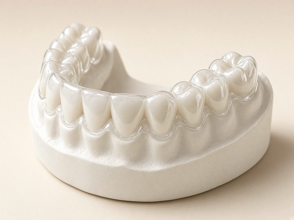 Clear Essix retainer fully covering every tooth on a stone model