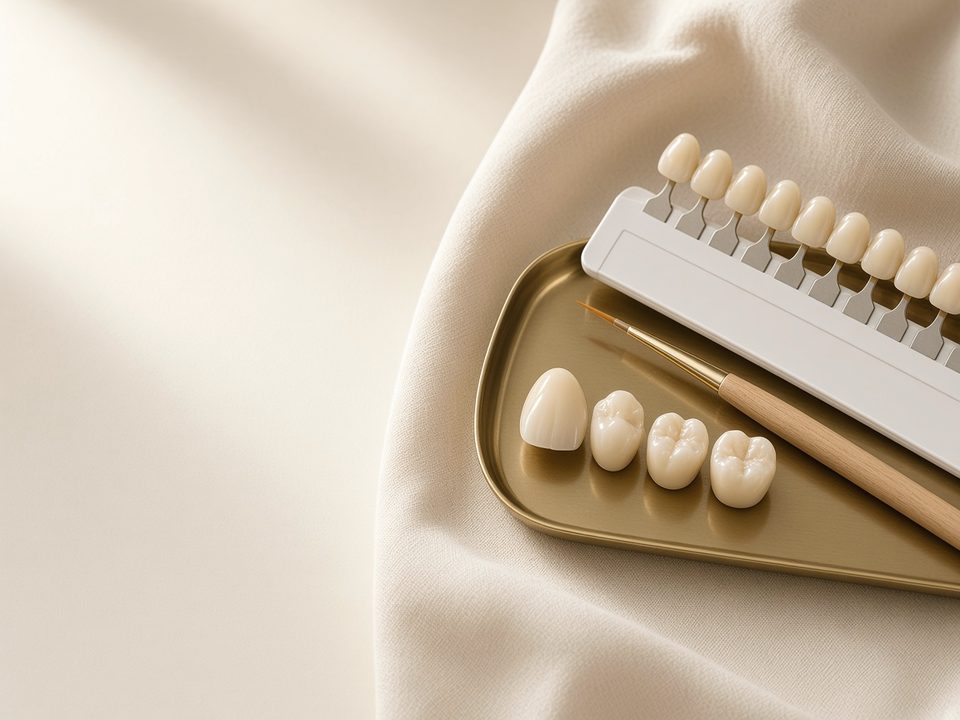 Finished ceramic crowns beside a porcelain brush and shade guide