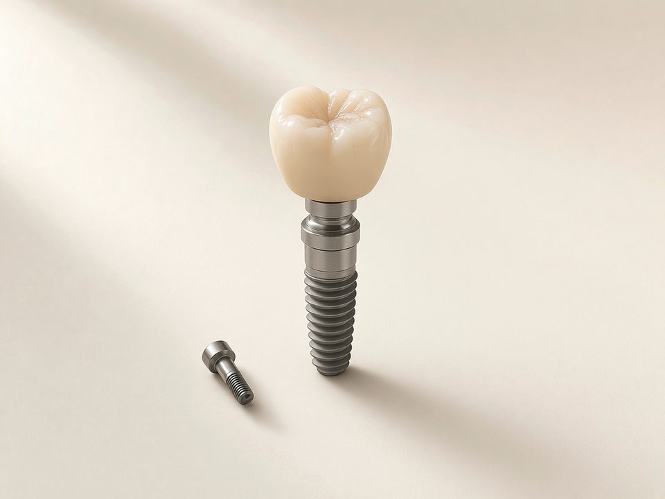 Implant crown seated on an abutment and implant fixture, with abutment screw