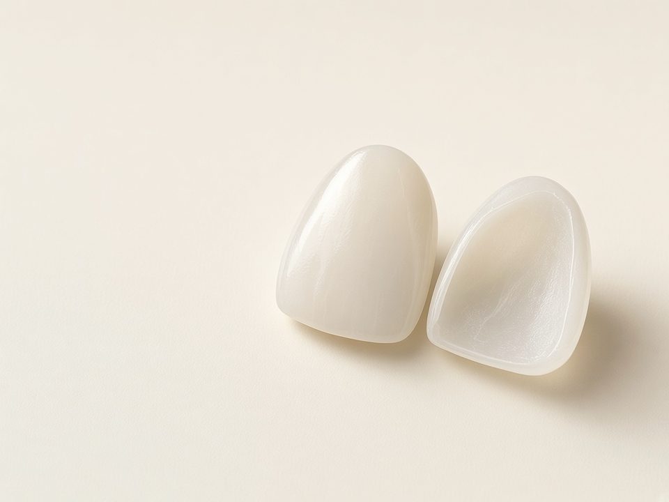 Two IPS e.max central incisor veneers, one facial side up and one showing the intaglio