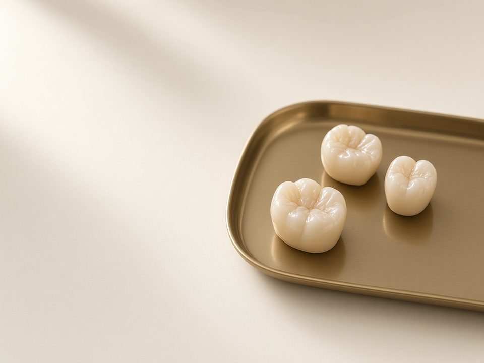 Monolithic zirconia posterior crowns on a brass tray